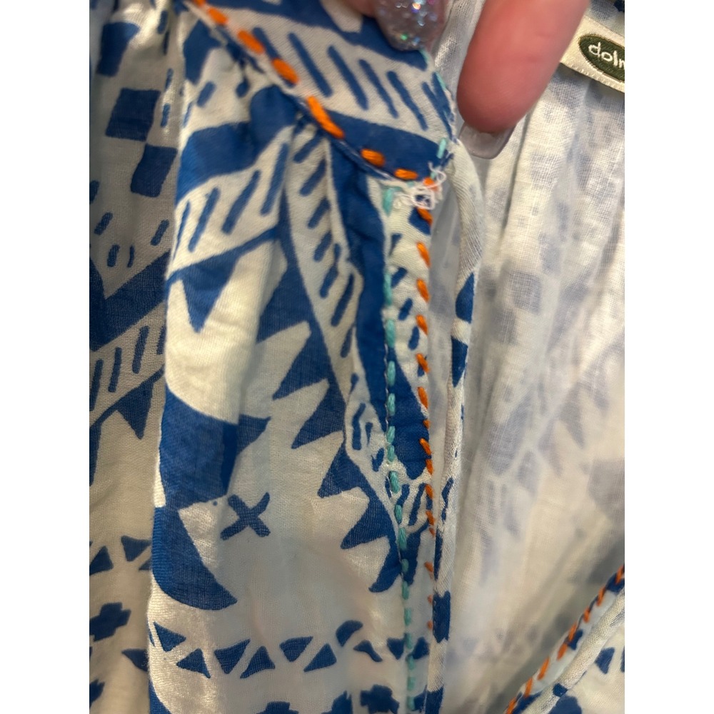 Dolma Womens Blue White Geometric Tribal Print Tassel Tie Boho Tunic Dress Large - Picture 3 of 7